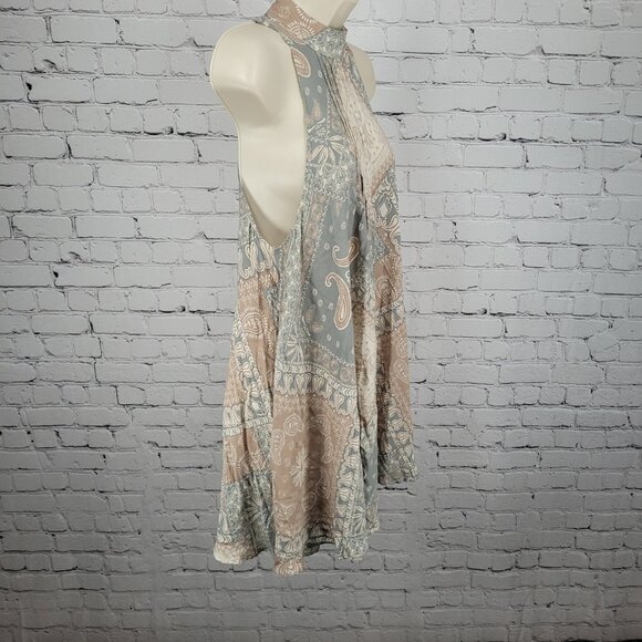 Intimately Free People Blue Tan Paisley Lightweight High Neck Mini Dress XS - Picture 11 of 12